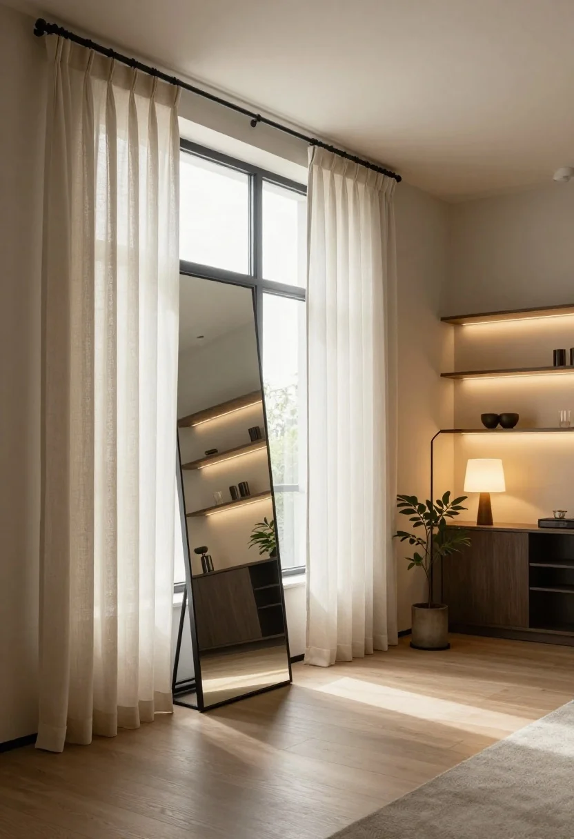 A wide room shot emphasizing light mastery: sheer linen curtains hung high and wide on double rods with blackout panels pushed aside, a large 24x36-inch mirror placed opposite the window bouncing daylight, and a leaning floor mirror near a console with a plant for added height and depth. Layered lighting on at dusk: a flush-mount ceiling fixture, a slim floor lamp, a table lamp, and subtle LED strips under kitchen shelves, all in warm 2700–3000K glow for a cohesive, spacious feel.