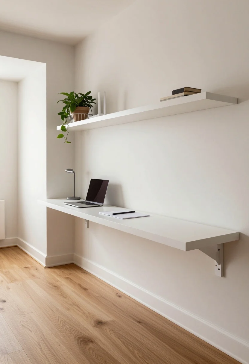 A wide, straight-on photorealistic shot of a slim floating shelf desk on a tight 42–48 inch wall in a living room hallway, desk depth 18–20 inches at 28–30 inches high, finished in semi-matte white laminate to match the wall so it visually recedes; include a concealed heavy-duty bracket look (no visible legs), a 2-inch rear grommet feeding cables into a slim under-desk wire basket, and a vertically mounted power strip on the wall keeping the floor clear. Style the surface minimally with a laptop, a compact task lamp, and a notepad; keep floor area open and the walkway unobstructed. Add a nearby plant on an adjacent wall shelf and a visible Wi‑Fi router hidden in the wire basket. Soft, neutral daylight; textures: smooth semi-matte laminate, painted drywall, and subtle wood floor grain. No people, clean traffic flow emphasized.