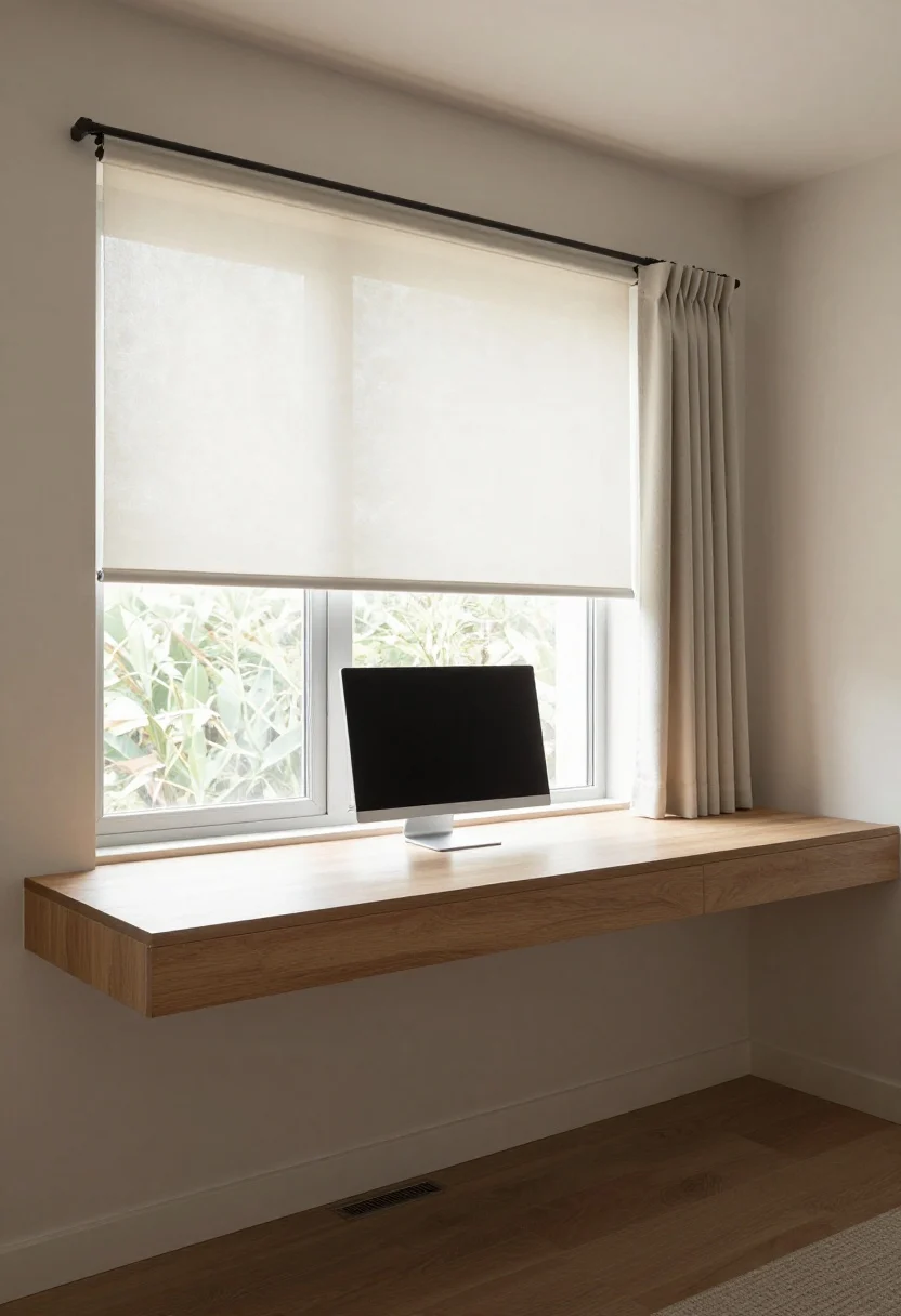 A wide, straight-on photorealistic view of a window-ledge floating desk mounted 2–4 inches below the window sill, running wall-to-wall beneath drapery that hangs full length without touching the desk. The ledge is 18–20 inches deep (or 16 inches at minimum) in a heat-resistant matte laminate or sealed hardwood; maintain a 2-inch gap at the back for airflow above a subtle floor vent. Window treatments: light-filtering solar roller shades with 5–10% openness to reduce glare while preserving the view; drapery rod hung high and wide (6–10 inches above the window, extending 8–12 inches each side) so curtains don’t puddle on the desk. Monitor placed perpendicular to the window on a slim stand, with a matte screen filter visible edge. Bright, balanced daylight from the sides; calm, neutral palette focusing on the interplay of light and shadow. No people.