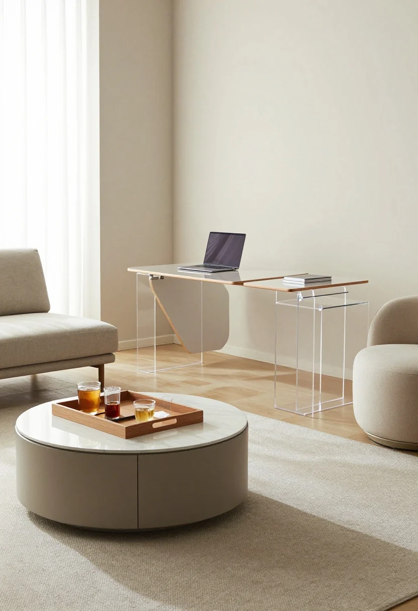 A wide studio-living vignette showing multifunctional furniture: a storage ottoman used as a coffee table with a tray-top insert holding drinks, a lift-top coffee table partially raised as a laptop workstation, and a sleek daybed against the wall. A compact drop-leaf table sits nearby, leaf down for everyday console size. Pieces have visible legs for an airy look, with a clear acrylic nesting table set and a rounded-corner side chair to improve flow. Soft afternoon light, tidy and versatile mood.