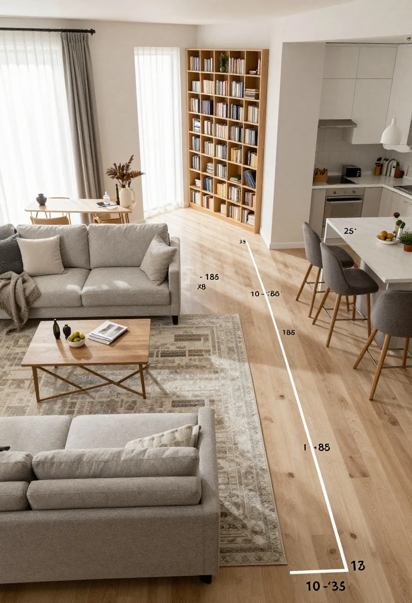 An overhead shot mapping flow and zones: an 8x10 rug clearly unifying a living area with sofa and chairs, a slim console table behind the sofa subtly dividing living from entry, and an open back bookcase used as an airy partition so light passes through. Pathways show 30–36 inches of clearance and about 18 inches around seating; furniture is floated slightly off the walls to create shadow lines. A runner outlines the kitchen path. Bright, even daylight emphasizing circulation.