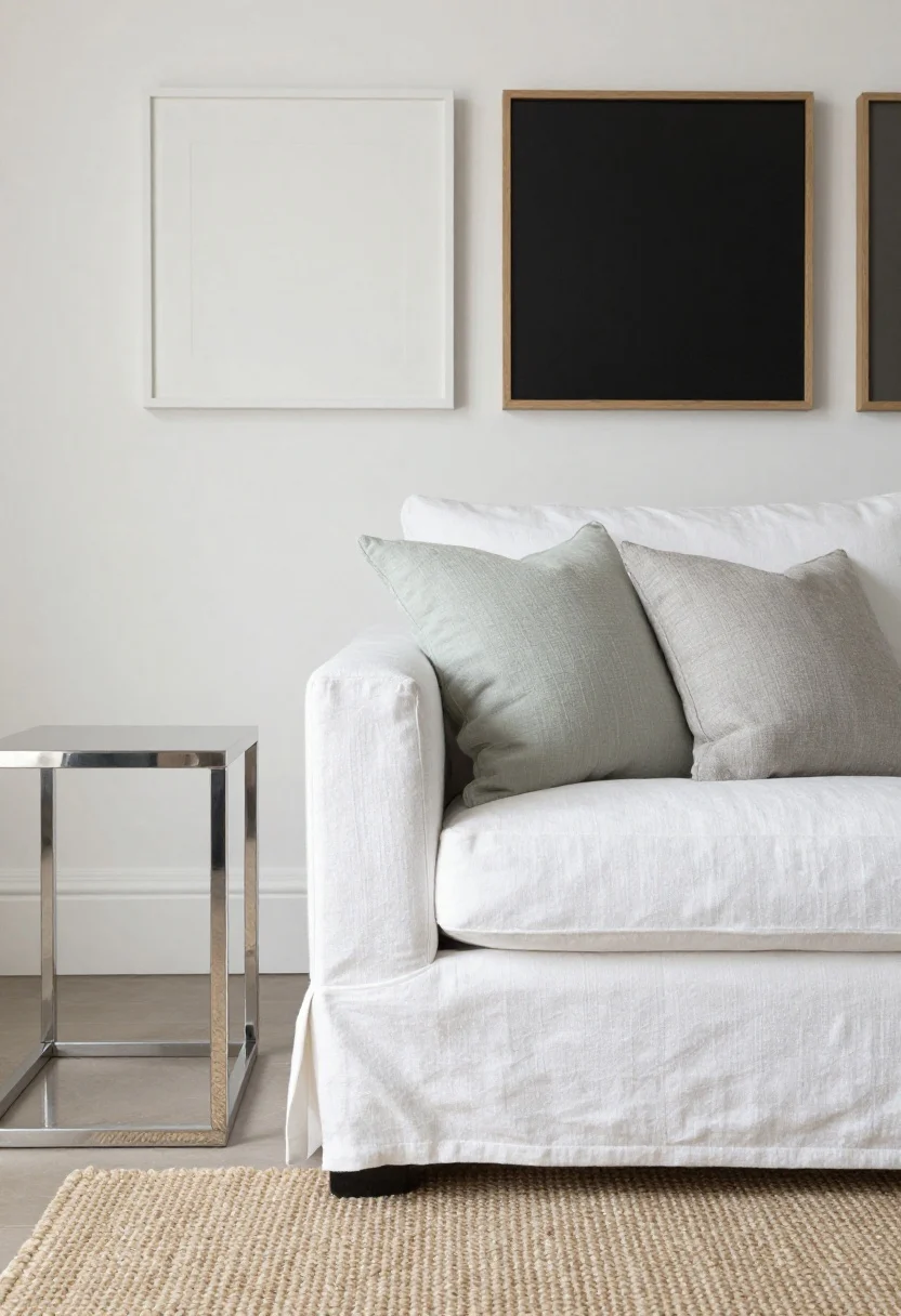 Detail closeup: A linen slipcovered sofa in crisp white with pale sage and fog gray accents beside a polished chrome side table; underneath, a light-toned jute flatweave rug; on the wall, art reframed with natural wood and white frames plus lighter mats replacing black; brushed nickel metal accents reflecting light; overall palette of cool whites, sand, pale sage; soft, even daylight that bounces rather than absorbs; photorealistic texture emphasis on linen weave and jute fibers.