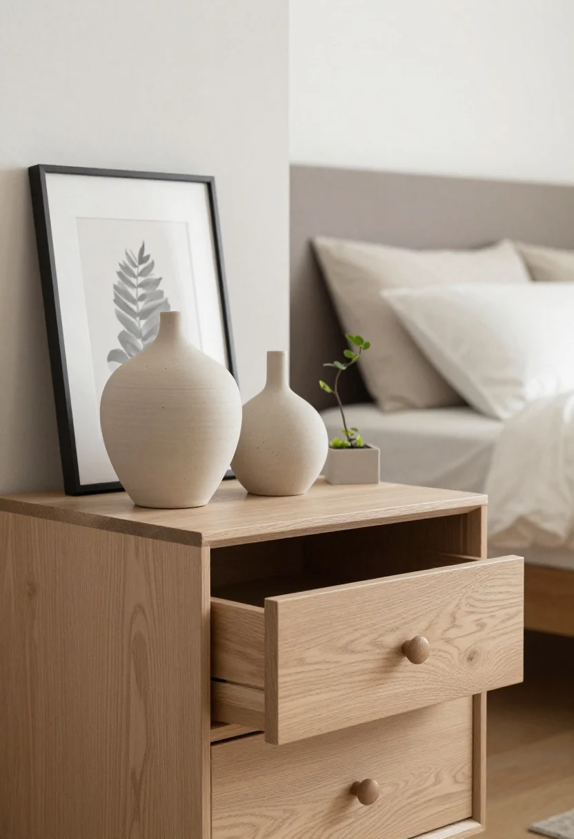 Detail closeup: A single substantial nightstand with a hidden-storage drawer, styled intentionally with three items—one standout ceramic lamp, a framed art moment leaning on the wall, and a small plant. The bed’s headboard is the focal feature in the blurred background, with the rest of the decor quiet and restrained. Soft natural light and a visually calm, edited surface.