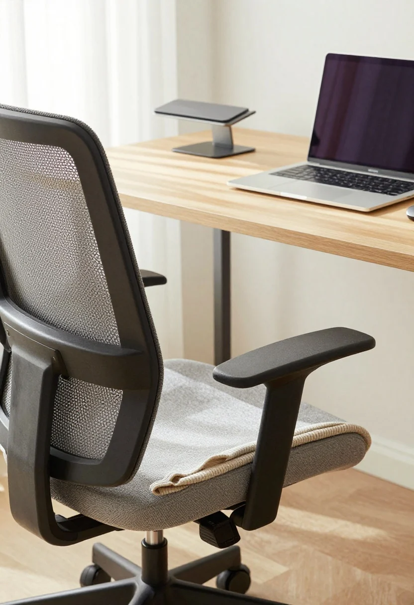 Detail closeup: Ergonomic workstation elements arranged for posture perfection—mesh task chair with visible lumbar support and height adjustment, external keyboard and mouse placing elbows at 90 degrees, a laptop perched on a slim aluminum stand at eye level, and a simple wedge footrest under the desk. Chair upholstery in a neutral fabric with a draped throw for a design-forward look. Mood: practical, comfortable; textures: breathable mesh, brushed metal, soft knit throw; even daylight.