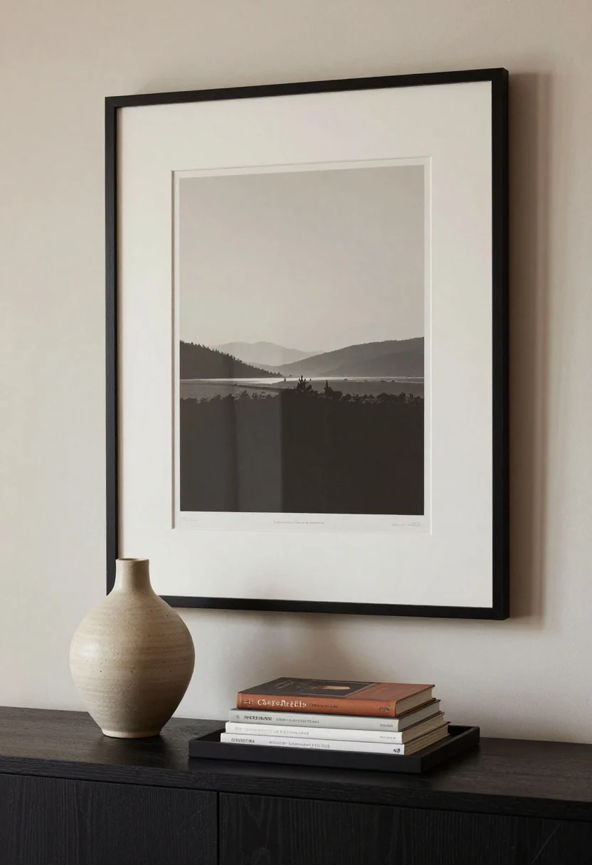 Detail closeup, styled surface: a single large statement art print in a black frame on a wall above a console; on the console, one sculptural ceramic vase and a neat stack of coffee table books grouped on a tray, arranged as an intentional odd-number cluster; plenty of negative space left on the surface; warm, soft ambient light emphasizing fewer, larger objects; no trinket overload.