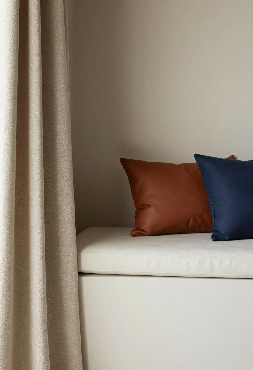 Detail closeup: Texture and color zoning between areas. In the sleep nook, a nubby boucle throw and linen curtain panel in warm, muted tones sit against a matte-finish accent wall (peel-and-stick or paint) in deep olive. In the adjacent living zone, a smoother leather or tight-weave upholstery swatch and a rust or navy pillow rest against an eggshell-finish wall. Show a unified base of soft white/pale greige elsewhere. Limit palette to two colors plus one neutral per zone; emphasize the matte vs eggshell sheen difference with soft directional light.