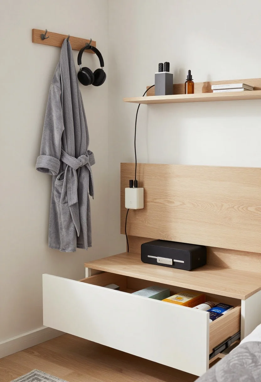 Detail closeup under and beside the bed: Built-in under-bed drawers pulled slightly open with neatly labeled contents; a headboard with slim integrated shelves holding a few bedtime essentials; a compact nightstand with a door concealing clutter. On the wall, a simple hook rail organizes a robe, bag, and headphones. A cable box tucks chargers on the nightstand shelf, power strip mounted underneath—everything out of sight, photorealistic and orderly.
