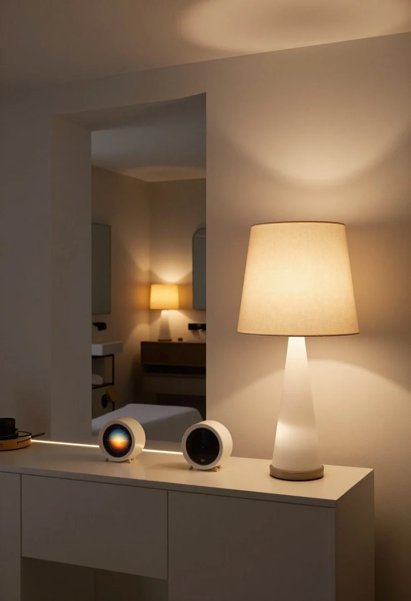 Detail/medium mix, straight-on view of a living area vignette focused on circadian-smart lighting: warm-white table lamps (2700K) with fabric shades casting cozy pools of light, smart bulbs set warmer in a nearby floor lamp; an LED strip under a console shelf glowing softly for night navigation. Include a sunrise alarm clock on a side table, its face set to a gentle ramp-up mode. In the bathroom doorway beyond, a mirror area lit by a 2200–2400K bulb that looks amber and restful. No harsh ceiling light; emphasize layered light sources and tunable bulb color temperatures.