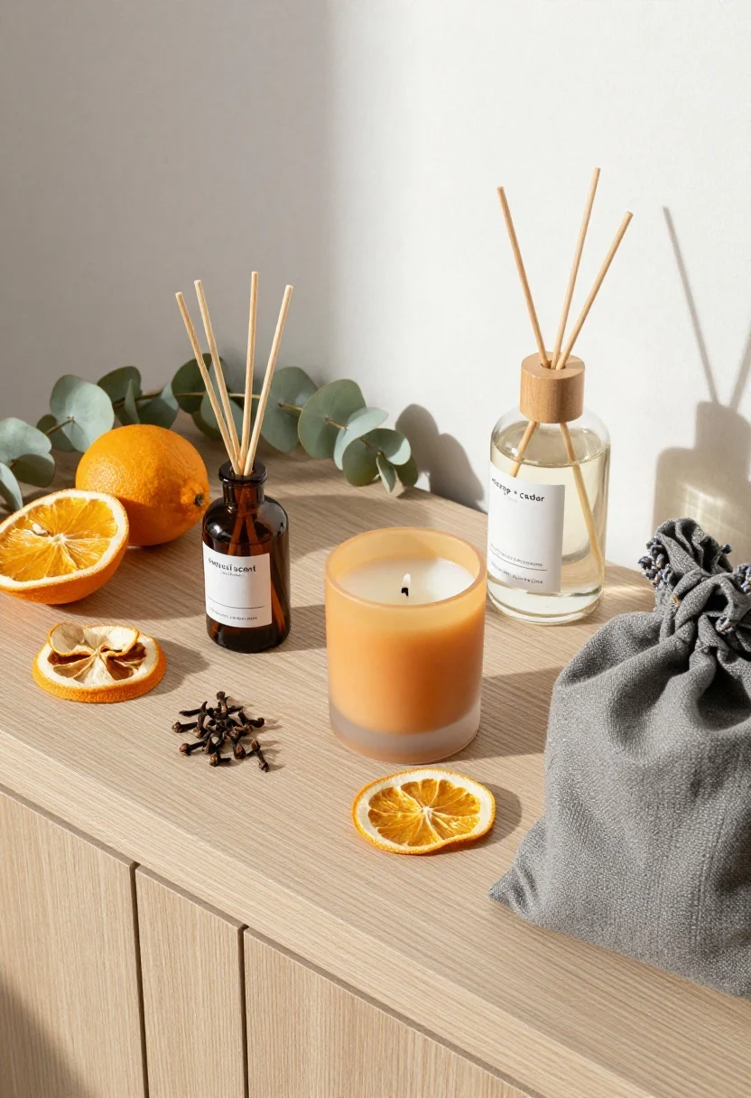 Detail overhead shot: A curated vignette of a “natural scent wardrobe” on a light wood console—bowls of dried citrus peels, cloves, eucalyptus, and lavender arranged artfully; a small amber bottle reed diffuser with a neutral carrier oil; an unscented beeswax candle with a soft honeyed hue; a linen spray in a glass bottle labeled orange + cedar; and a gray fabric charcoal bag tucked to one side. Soft morning light with gentle shadows, clean modern styling, colors are citrus orange, eucalyptus green, natural honey, and warm wood.