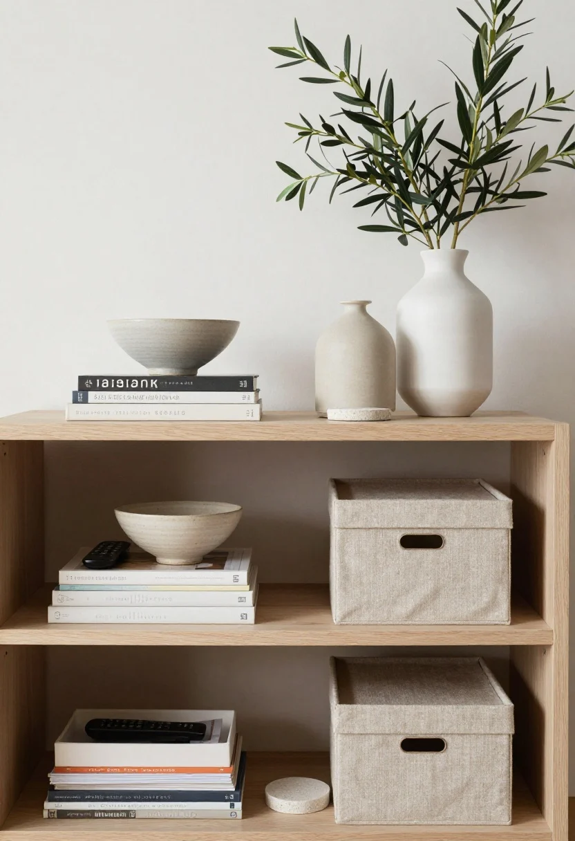 Detail-rich closeup of surface styling with breathing room: an open shelf styled two-thirds full and one-third intentionally empty; on a coffee table, a low stack of art books, a medium ceramic bowl, and a taller vase, with negative space around them. Repeated textures—linen storage box, stone coaster, ceramic vase—for calm rhythm. Small items contained: tray for remotes, lidded basket visible on lower shelf, magazine file for mail. Add a tall, narrow plant (olive tree or dracaena) in the background to draw the eye up. Soft, natural side light highlighting textures, straight-on closeup.
