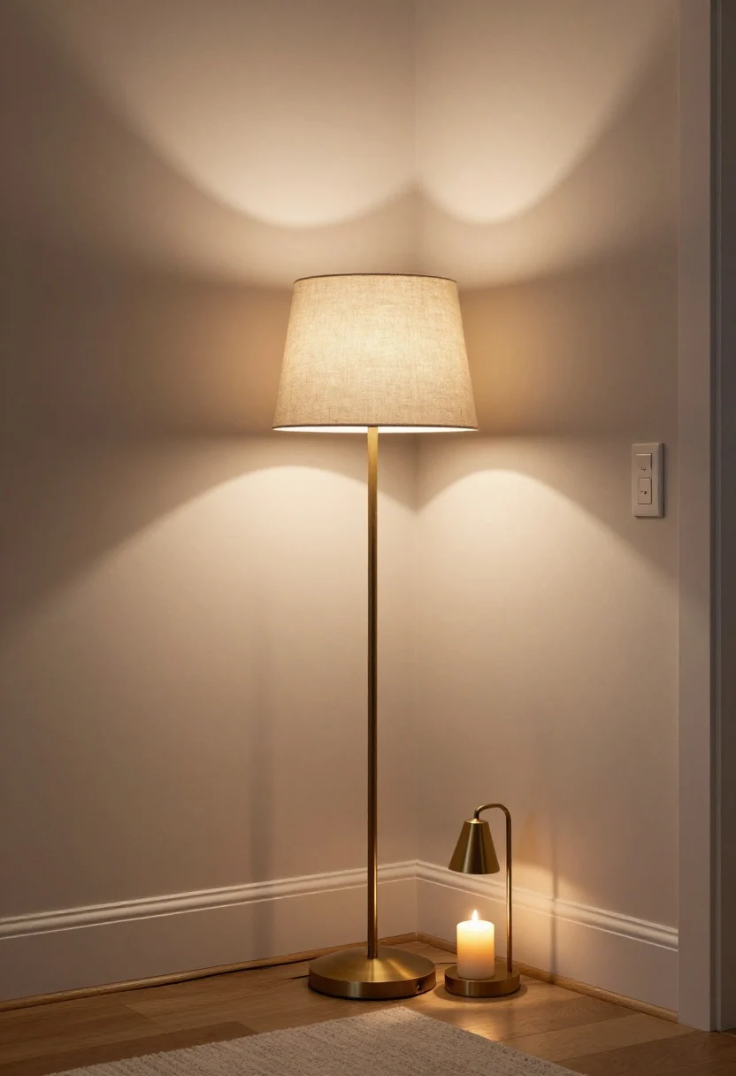 Detail shot, layered lighting: corner vignette showing three layers—ambient light from a floor lamp with a linen shade, task lighting from a brass reading lamp, and accent sconces/warm candlelight; bulbs at 2700K–3000K for a cohesive warm glow; light bouncing off a pale wall and a light rug to expand the room; a visible dimmer switch on the wall; shadows minimized, cozy, elevated mood.