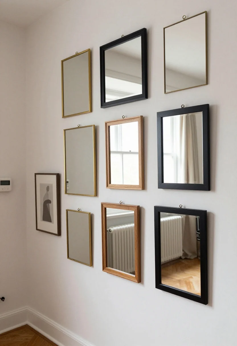 Detail-to-medium shot of a curated gallery wall in an awkward nook: 3–6 small to medium mirrors with consistent finishes (all brass or all matte black or all wood), flat non-warped glass, minimal or no bevel; paper layout alignment translated into final install with 2-inch gaps between pieces, midlines all at 57–60 inches; use removable hooks for renter-friendliness; reflections show pleasant elements like drapery and window light, avoiding cords or clutter; include a nearby radiator and thermostat artfully worked around; soft daytime light, cohesive tones, no funhouse distortion.