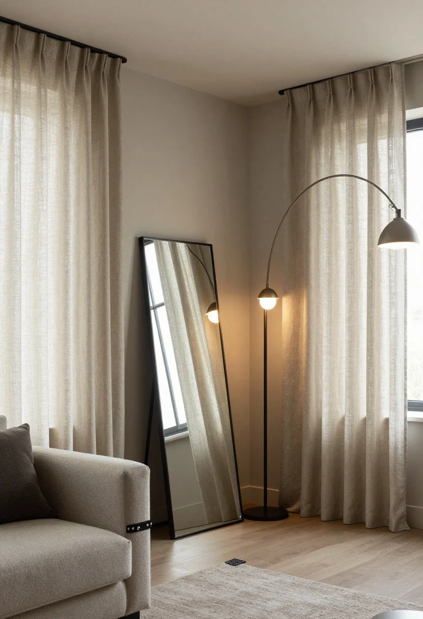 Living room seating vignette, angled medium shot: a 70–80 inch tall floor mirror tucked 3–6 inches behind a sofa arm, securely anchored with furniture straps/French cleats; the mirror reflects high-hung linen or textured curtains mounted 2–4 inches below the ceiling to emphasize vertical height, plus ceiling planes and a tall 60–72 inch arc or column lamp whose evening glow doubles; include a non-slip pad under a nearby rug corner and discreet top brackets for safety; cozy small den feel, short ceilings visually stretched.
