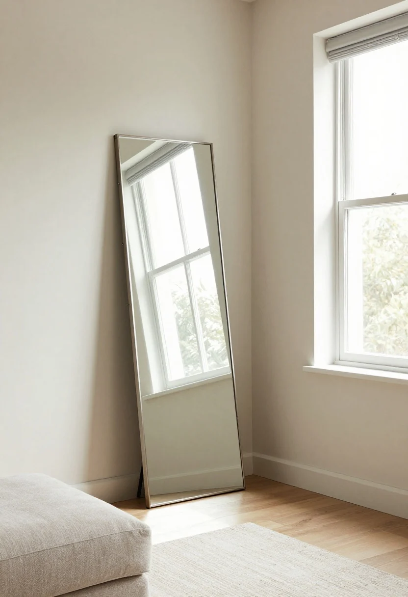 Medium corner-angle photorealistic view of a living room corner adjacent to a window wall: a tall 65–72 inch floor mirror with a minimal, thin metal frame leans safely with anti-tip straps, angled precisely around 45 degrees so it redirects light away from a wall-mounted TV opposite; include a low-pile 5x8 rug and a soft fabric ottoman absorbing brightness; light is bright but controlled, no glare on the TV screen; neutral walls, simple furnishings, and safe mounting hardware visible; keep frames unornate for maximum reflective surface.