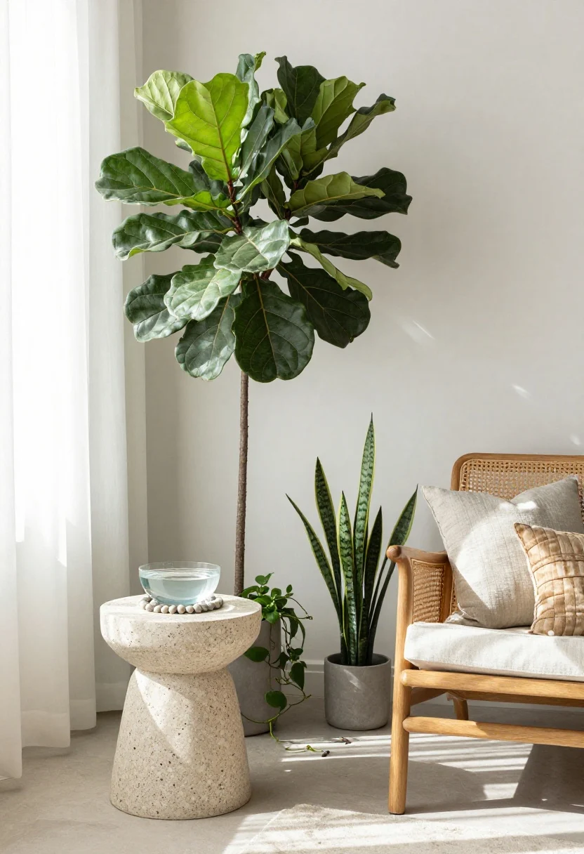 Medium corner composition: A single oversized fiddle-leaf fig casting soft shade in a bright corner, paired with a travertine side table holding a shallow bowl of water on a pebble tray near a small fan; trailing pothos draping over a shelf to diffuse light; a slim snake plant in a tight spot; linen and seersucker pillows on a rattan lounge chair with cane details allowing airflow; cool daylight with gentle highlights on stone and leaves; serene, natural textures; photorealistic.