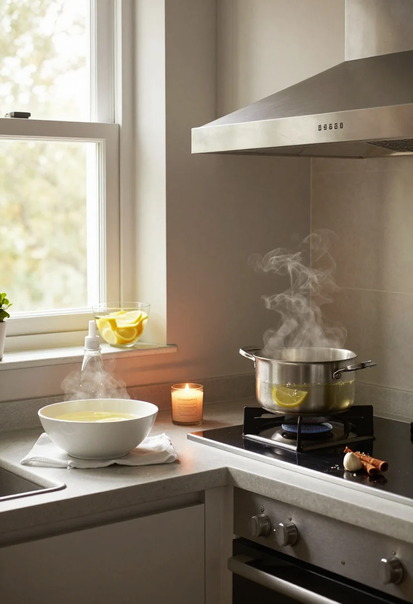 Medium kitchen shot: A tidy rental kitchen during and after cooking protocol—window cracked open, range hood on, an unscented beeswax candle lit near the stove; a shallow dish of white vinegar sits on the countertop. After-cook reset elements visible: counters wiped down, trash bin ready to take out after a garlicky meal; a saucepan simmering 1 cup water with a splash of vinegar on low. Include a small scene of lemon steam: a microwave with a bowl of lemon slices inside, plus a dry-toasted cinnamon stick in a warm skillet on the back burner. Neutral palette, stainless steel, late-afternoon warm light, corner angle.