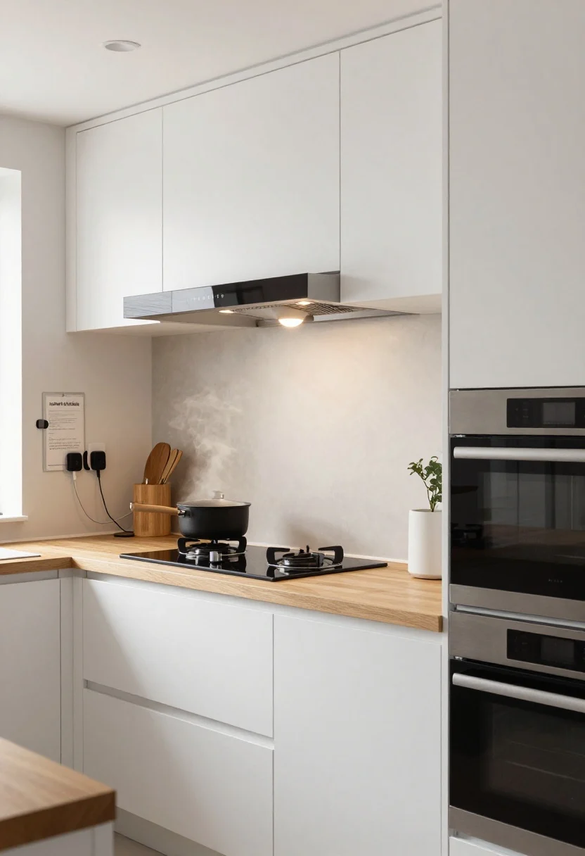 Medium kitchen vignette: A renter-friendly modern kitchen in soft white and light wood with only LED bulbs glowing warmly; range hood running above a stovetop with a covered pot producing minimal steam being vented; no oven in use with an air fryer and microwave visible on the counter; a written “sunset schedule” magnet note on the fridge; chargers and small electronics unplugged; task lighting via a single focused lamp instead of bright overhead floods; evening light hinting through a shaded window; photorealistic.