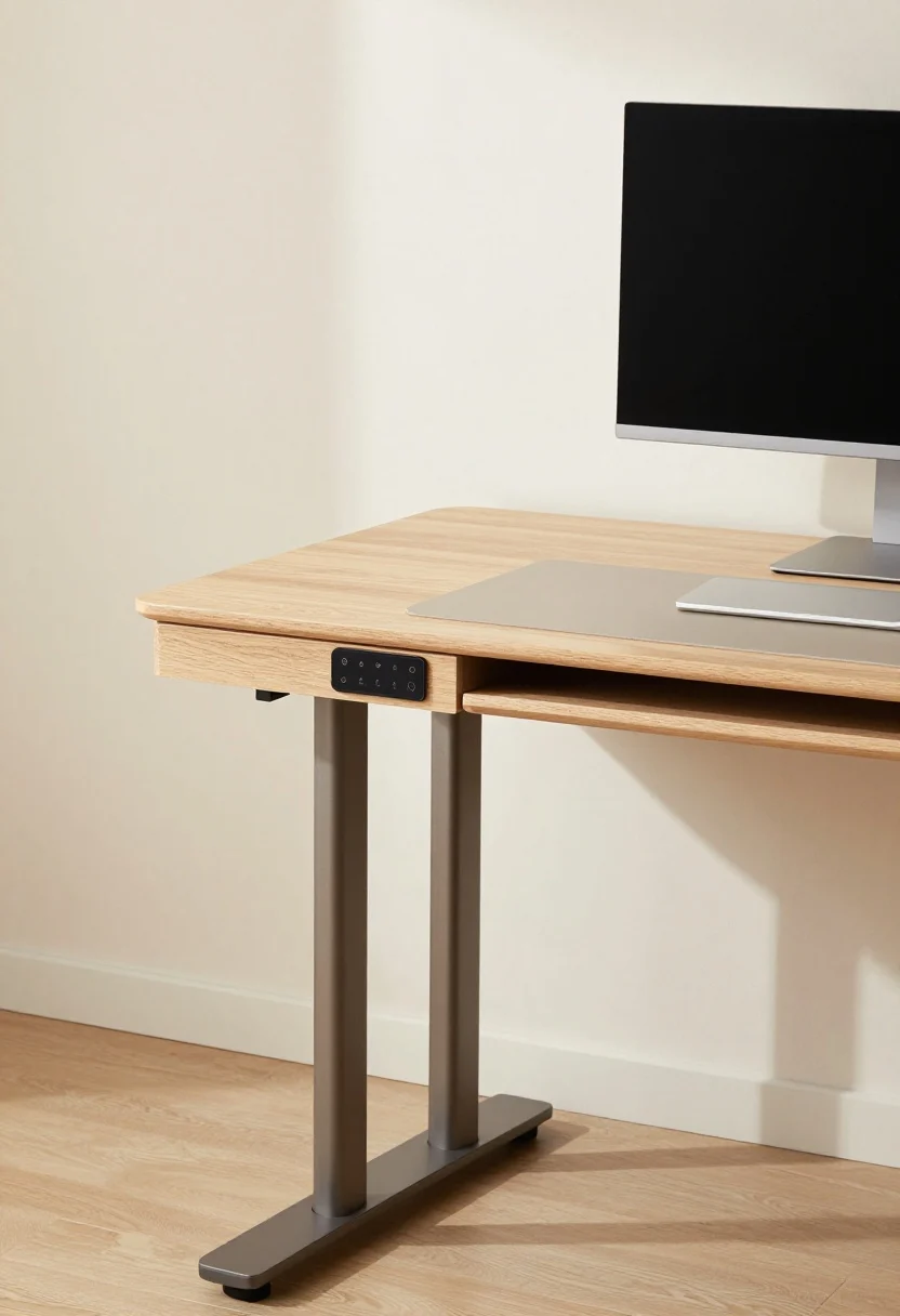 Medium shot: A compact 44-inch sit-stand desk with integrated drawers, a quiet motor control panel with saved presets, and a single monitor on a monitor arm to free surface space. A soft, neutral desk mat defines the zone and protects the wood top. Nearby, a folded wall-mounted drop-leaf desk is shown closed to hint at multiuse flexibility. Styling is minimal and functional; lighting is bright daytime natural light. Colors: warm wood, soft taupe, matte black hardware.