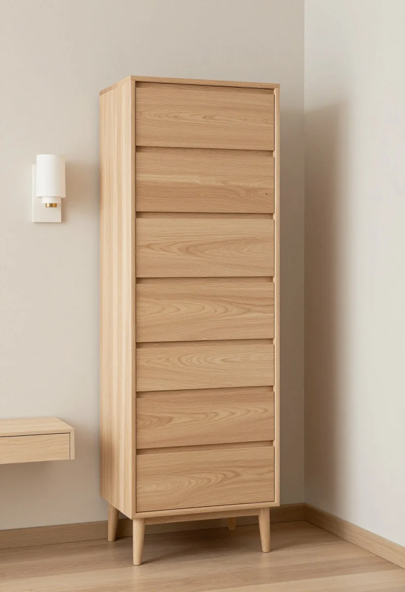 Medium shot: A compact bedroom vignette featuring leggy furniture to reveal more floor—an elevated tall-and-narrow dresser (16–18 inches deep) with slim legs, paired with a floating wall-mounted sconce and a minimal floating console used as a nightstand. Clean lines, airy spacing, light wood tones, and soft neutral walls. Daylight filters in, emphasizing open vibes and scaled-down proportions.