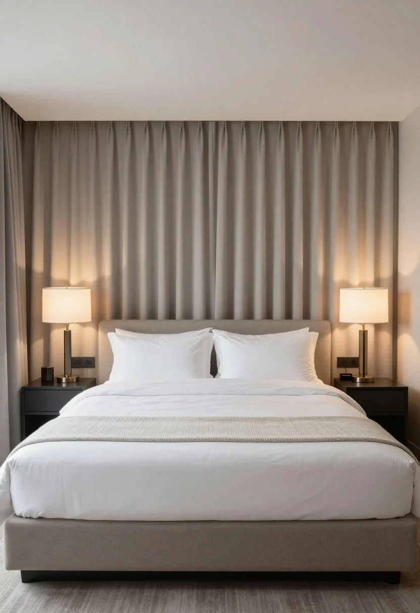 Medium shot: A disciplined bed zone made to visually recede—sleek daybed styled with large back cushions for a living-room look, crisp white bedding with a tailored coverlet, and a textured throw neatly folded at the foot. Behind the sofa, a console with matching lamps subtly shielding the bed, and a ceiling-mounted curtain drawn just across the headboard area. Calm, polished hotel-inspired mood, clean lines, neutral palette.