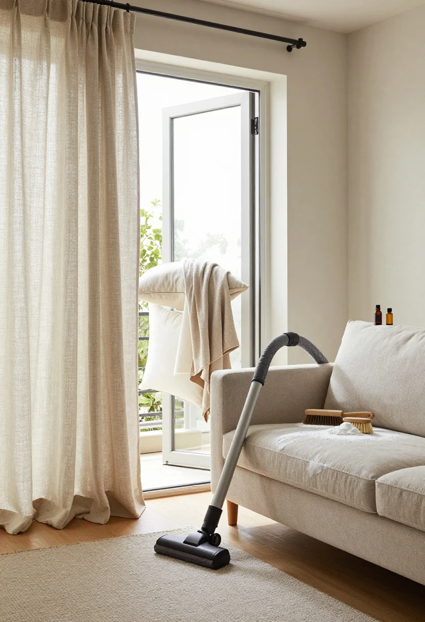 Medium shot: A fabric-forward scene focusing on textile refresh—neutral linen curtains being steamed in place beside a sofa lightly coated with baking soda, with a soft-bristled brush resting on the arm; a vacuum hose nearby ready to clean. On a sunlit balcony door, pillows and a throw are draped to line-dry in a gentle breeze; a mattress in the adjacent room is sprinkled with baking soda with a tiny amber bottle of essential oil nearby. Include a felt or natural rubber rug pad peeking under a low-pile neutral rug. Warm natural daylight, textures emphasized: linen, cotton weave, felt; shot straight-on.