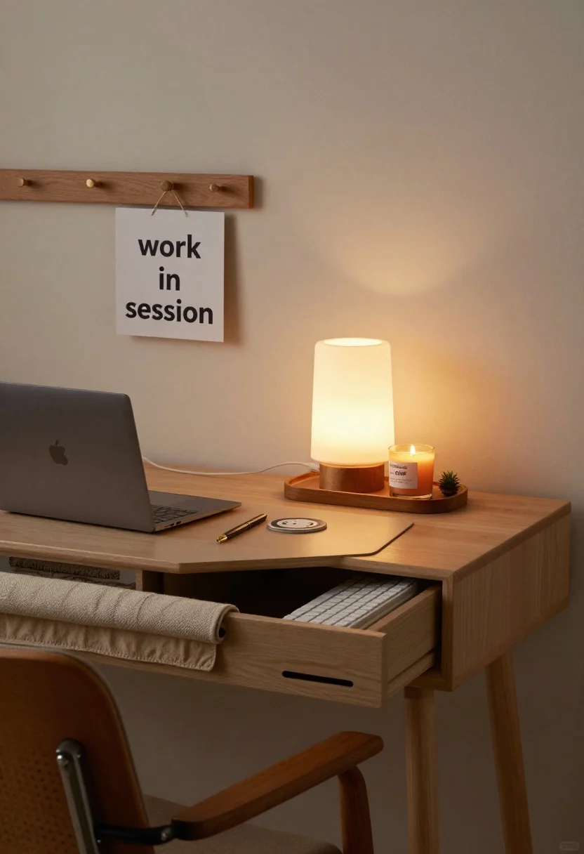 Medium shot: A ritual-ready evening “off-switch” vignette—laptop tucked into a dedicated drawer, task lamp turned off while a warm floor lamp glows, a cedar-scented candle lit on a small tray with a nice pen, coaster, and tiny plant. A cozy throw draped over the chair back, desk mat rolled up, keyboard slid into a drawer. A small “work in session” sign hangs on a hook beside the desk, flipped to off. Mood: tranquil transition, warm and inviting.