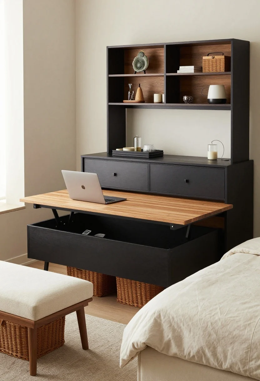 Medium shot: Double-duty furniture ensemble—lift-top storage coffee table partially raised for dining/laptop use with remotes hidden inside; an expandable console-style dining table folded to narrow size; a bench at the foot of the bed with woven baskets tucked beneath; a bar cart styled as a nightstand with a tray corralling essentials; open shelving with opaque bins on lower rows and curated display above. Coordinated finishes in oak, black metal, and cream upholstery for cohesion.