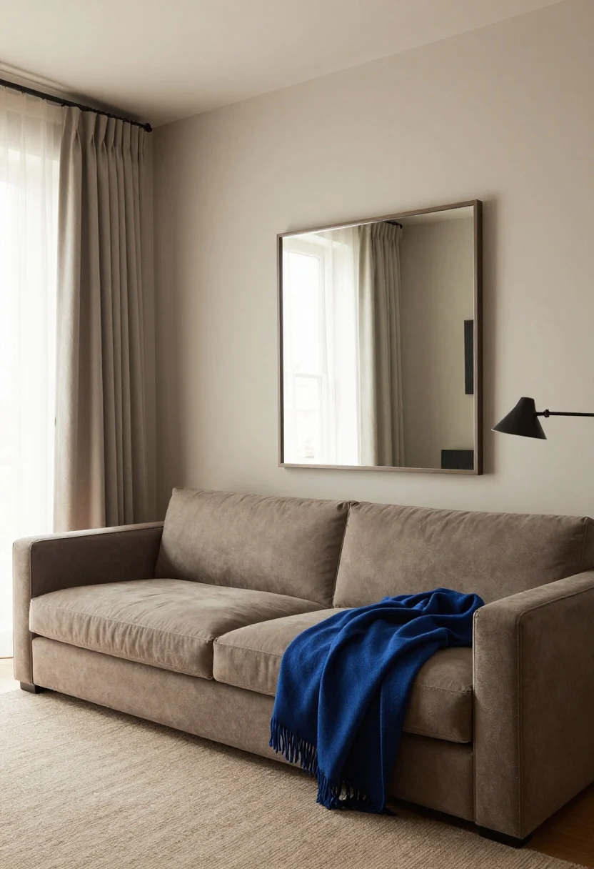 Medium shot focusing on color, contrast, and mirror illusion: a living area with a low-contrast palette—warm greige walls, taupe sofa, sand-toned rug—edges visually blurring. A single high-contrast accent like an ink-blue throw or a black metal lamp to ground the scene. Sofa and curtains tone-matched within two shades of the wall color. A large thin-framed or frameless mirror placed directly across from a window, doubling daylight. Walls in eggshell or satin finish catching a gentle glow. Daytime, corner angle to capture the mirror’s reflection.
