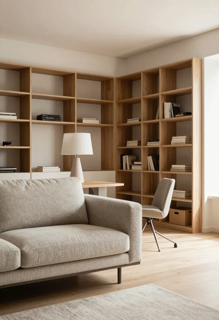 Medium shot from a corner angle: A sofa floated with its back toward a bed, acting as a divider; a slim console table behind the sofa with a table lamp and storage baskets; a low, open-back bookshelf/etagere nearby that separates living and sleeping while letting light through; a single swivel chair positioned to pivot between TV and conversation. Clear 30-inch pathways visible, soft afternoon light, tidy and contemporary styling.