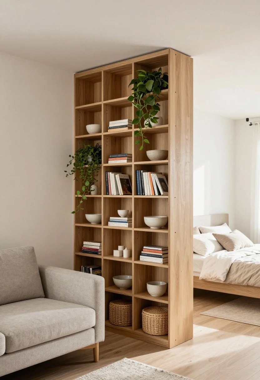 Medium shot from a corner angle: An open-back, grid-style bookcase divider (72–80 inches tall, at least 12-inch-deep cubbies) placed perpendicular to the longest wall, its edge aligned with the sofa’s back to separate living from bed. The bookcase is light oak (or black metal, pick one cohesive material) and secured discreetly to wall/ceiling. Styling is 60% open (plants trailing through, stacked books, ceramic bowls) and 40% concealed (woven lidded baskets), leaving negative space so light passes through. The scene shows bright, airy sightlines, the sofa on one side, bed hinted on the other. Avoid closed backs or overstuffing. Lighting: natural daylight with gentle shadows.