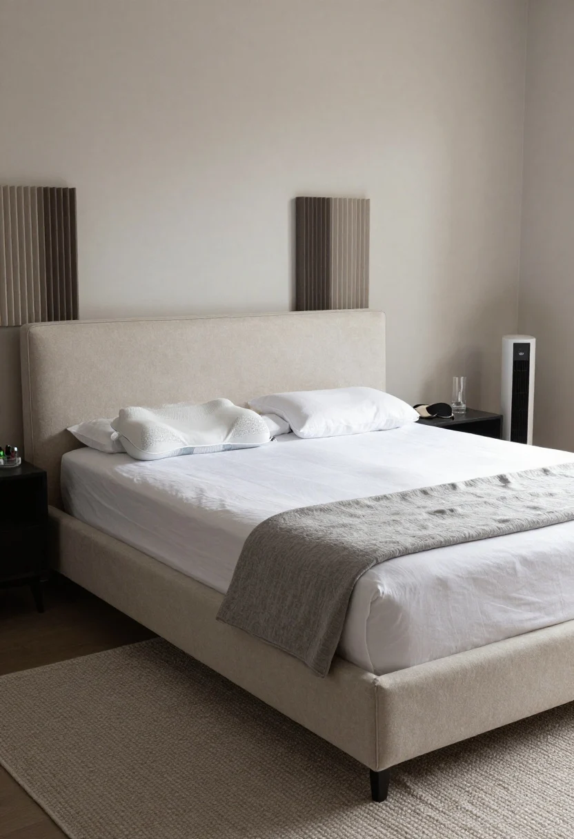 Medium shot from a corner angle of a “nap bunker” bedroom: a medium-firm hybrid mattress on a low platform bed with a soft, upholstered headboard, percale sheets in cool white, a light linen duvet, a folded weighted blanket at the foot (charcoal), and adjustable-fill pillows—two higher-loft for side sleeping and one medium loft for back sleeping. Add a dense area rug under the bed, fabric wall hangings in calming neutrals, and slim acoustic panels styled behind the headboard. On the nightstand: silicone earplugs in a small dish, a silk eye mask, and a glass carafe with a tumbler. Include a tower fan and a cooling gel pillow insert peeking from a pillowcase. Room feels cool and quiet; muted daylight filtered through blackout layers.
