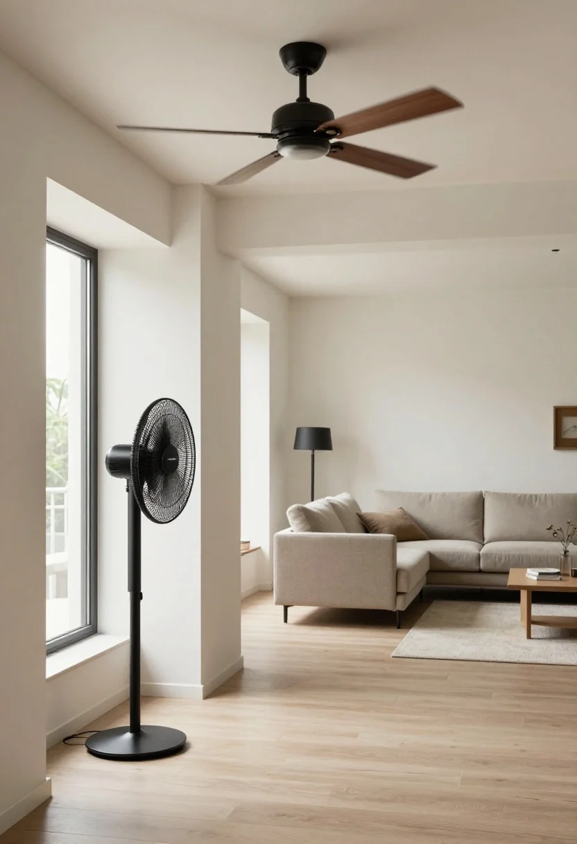 Medium shot from a hallway toward a living room: An opposing fan setup creating a wind tunnel—one sleek matte black tower fan facing outward through an open window, another across the room angled to pull air in; a ceiling fan overhead spinning counterclockwise at moderate speed; open-leg furniture like an airy sofa and raised credenza to allow airflow; minimal textiles in traffic lanes (no heavy rugs or ottomans); soft daylight, tidy, museum-worthy fan aesthetics; photorealistic.