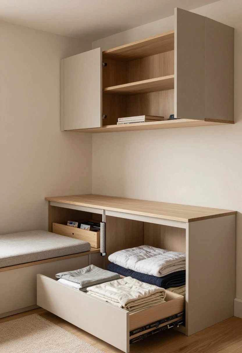 Medium shot from a low angle: Storage built into boundaries. A platform bed with 10–12 inch deep soft-close drawers partially open, neatly holding folded linens; at the foot or beside, a slim closed-door media console (12–16 inch depth) conceals routers and cables, with cord clips and a fabric cable sleeve tidying wires. In the living zone, a storage bench or trunk doubles as a coffee table with a tray on top, hiding blankets and games inside. Above a compact desk, 10–12 inch deep floating shelves stop 6 inches before the corner to avoid visually bleeding into the next zone. Mix closed cabinets and a few open moments; lighting is warm and uncluttered.