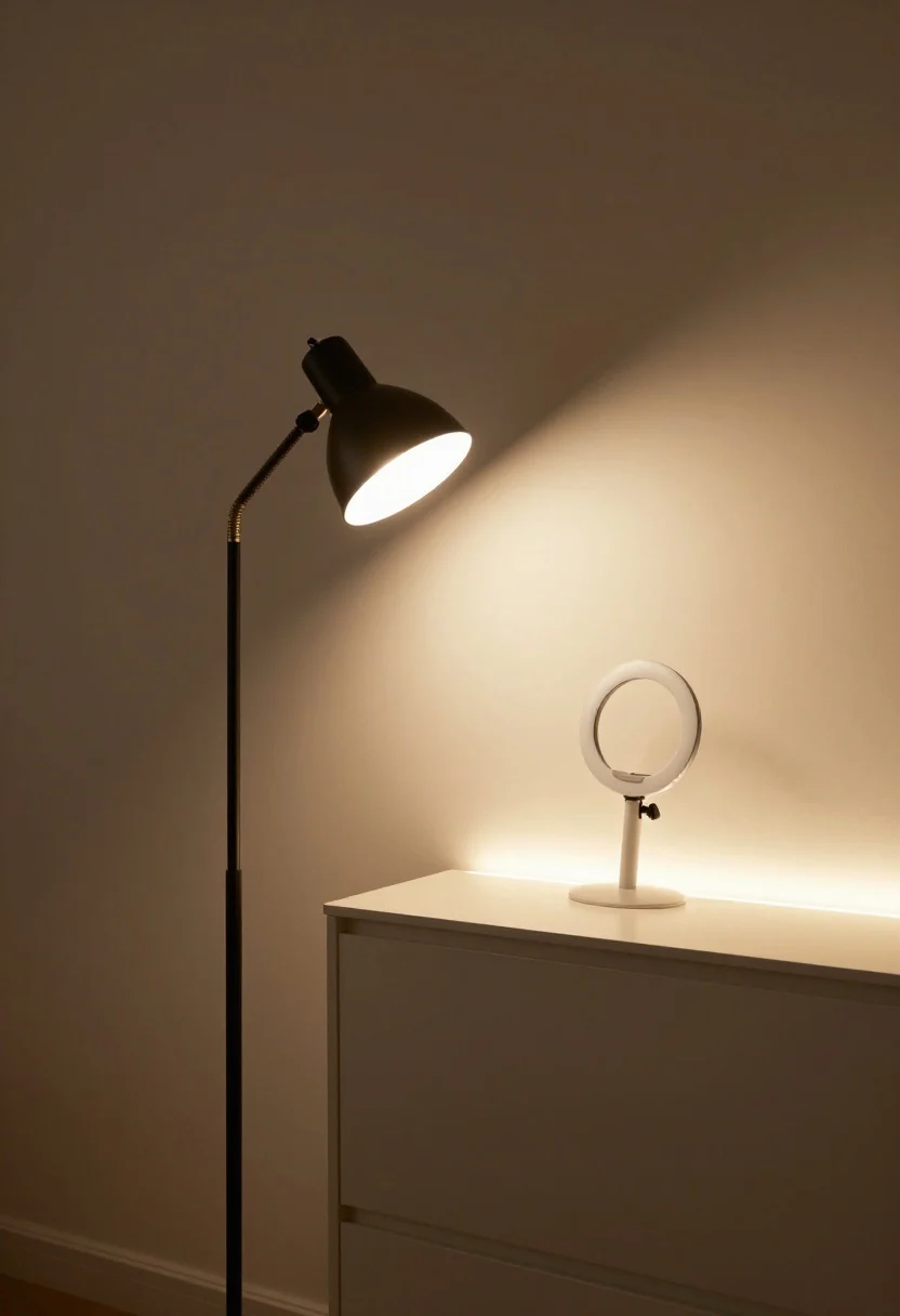 Medium shot: Layered lighting like a cozy film set—ambient glow from a warm-dim floor lamp (2700–3000K), a precise task desk lamp with an adjustable arm casting a focused 4000–5000K beam onto the workspace, and a subtle LED strip creating a soft halo behind the monitor and along a wall shelf. Include a slim ring light aligned behind the monitor for call-ready illumination. Evening scene with dimmed ambient, crisp task light pivoted downward; tones: warm neutrals with gentle contrast.