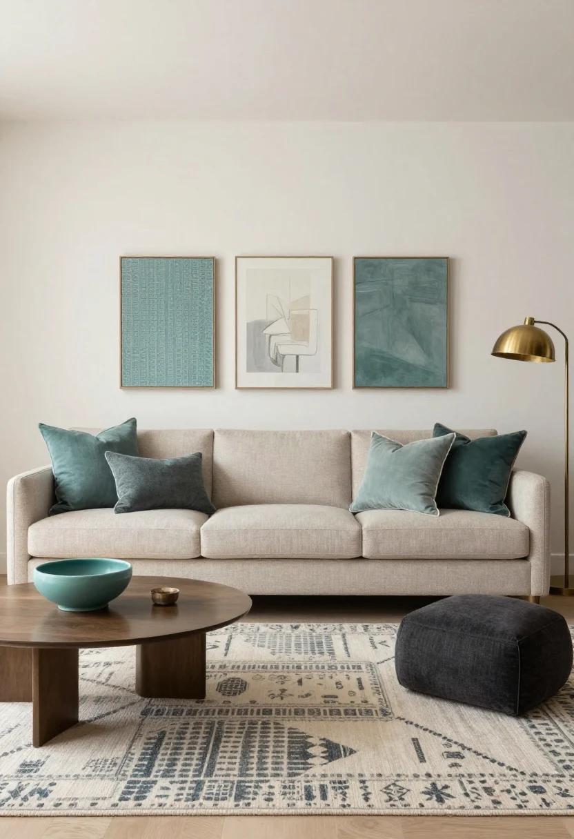 Medium shot, living area palette: calm base of soft white walls, mushroom-toned sofa, and charcoal accent chair; one accent color (muted teal) repeated three times—teal pillow, teal detail in artwork, teal ceramic bowl; pattern scaling shown with a large-scale rug pattern, medium-scale throw pillows, and a small-scale pattern on a throw or art mat; one metallic accent (brushed brass lamp); even, warm lighting around 3000K.