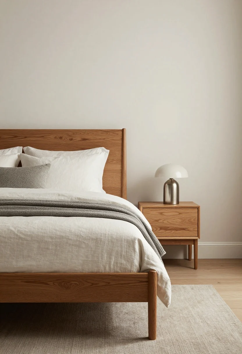 Medium shot on the bed wall: A cohesive 3–4 color palette—light neutral walls, a mid-tone wood bed frame, an accent color in the textiles (linen duvet and nubby throw), and a complementary metal finish on a smooth ceramic lamp. Subtle contrast: a slightly darker rug under a lighter bed frame to ground the space. Soft, low-contrast drapery and bedding edges “blur,” enhancing a larger feel.