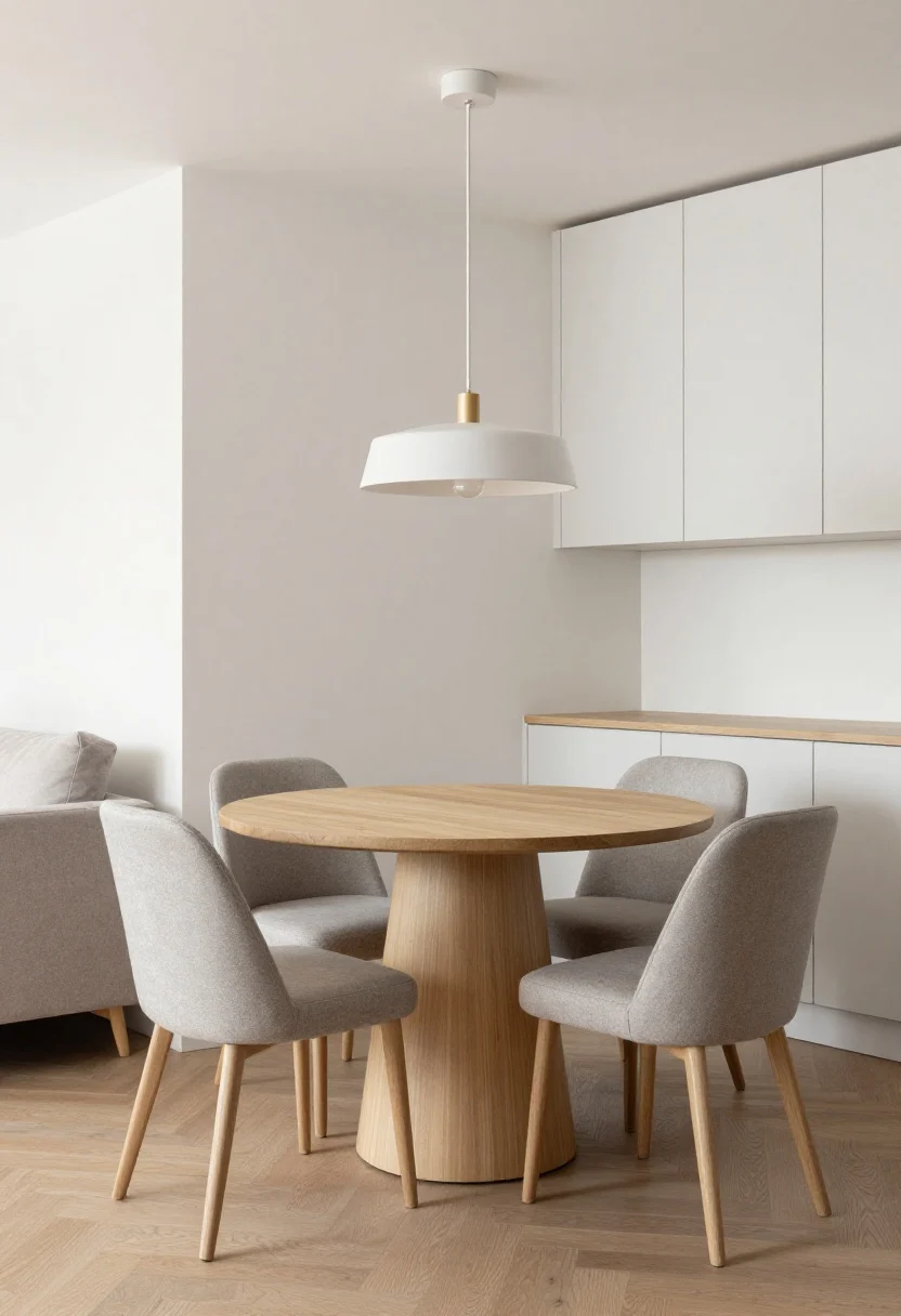 Medium shot, straight-on: A floating mini dining/work zone that respects traffic flow, showing clear 30–36 inch walking paths from entry to sofa and bed. A 30–36 inch round pedestal table in a light wood finish with two slim, armless chairs in washable performance fabric sits near the living area. Above it, a small pendant or plug-in sconce hangs centered 28–34 inches above the tabletop with a 3000K bulb for task clarity. Alternative at edge: a 40–48 inch console desk with closed drawers, but keep main focus on the compact round table and unobstructed circulation lanes. Metals match existing cabinet hardware for cohesion.