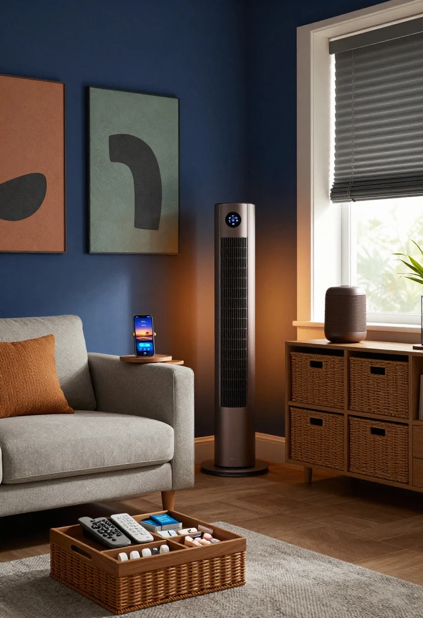 Medium shot, straight-on view of a bedroom-living boundary showcasing micro-habits and smart tech: a phone on a side table showing a “Wind Down” scene (lights dim warm, thermostat lowered), smart plugs controlling a tower fan and motorized blackout shades, and a brown-noise machine placed near the window to mask hallway chatter. Closed storage solutions visible—lidded baskets and drawers in the bedroom, a tray on the sofa armrest for remotes, a basket under the coffee table for blankets, and a slim drawer caddy slightly open with organized meds and melatonin (labels turned away). Wall art: two large pieces in deep blue and sage with clay/charcoal accents. Lighting set warm and low, photorealistic.