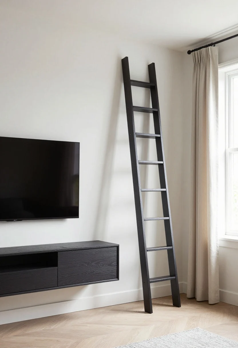 Medium shot, vertical emphasis: a wall-mounted TV above a floating console, floating nightstand on the side, and slim wall sconces freeing surfaces; tall ladder bookshelf drawing the eye up, with the top third styled lightly; curtain rods mounted 8" above the window and extending 6" past each side with long drapes; a tall mirror opposite a window reflecting natural light and height; clean sightlines, bright but balanced daylight.