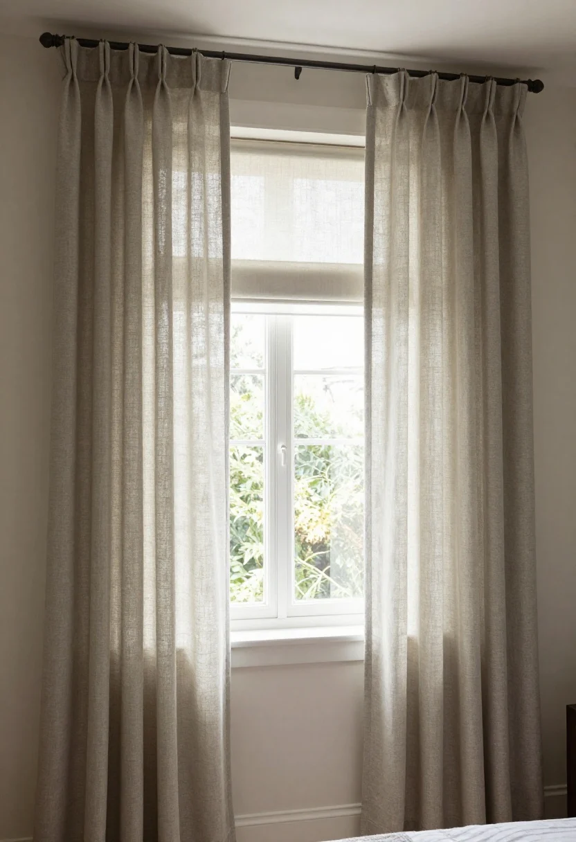 Medium shot, window-focused: A bright bedroom window with light-filtering linen curtains mounted on a rod wider than the window so panels stack completely off the glass, paired with a discreet sheer roller shade behind for daytime privacy and a neatly draped blackout curtain layer for night. The scene highlights maximum natural light, airy textiles, and zero bulky valances.