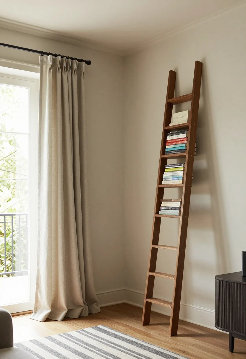 Medium-to-wide shot showcasing vertical tricks in a compact living room: curtains hung high and wide (rods mounted 6–10 inches above the window, extending 8–12 inches past each side) with floor-kissing panels; a striped rug with vertical orientation; a tall bookcase and ladder shelf stacked upward; subtle fluted texture on a credenza. Ceiling trim and the top 6–12 inches of the wall painted the same color as the ceiling to blur boundaries. Bright daytime light emphasizing height, slightly low angle to draw the eye up.
