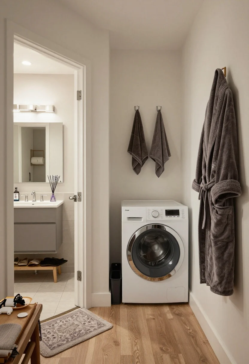 Multi-area medium shot composed as a quiet-transition sequence from entry to bath to laundry: at the entry, a shoe bench with a soft mat absorbing footsteps and a catchall tray holding keys, badge, and earbuds; in the adjacent bathroom, dim ambiance with a motion-sensor nightlight and towels in darker, plush tones on two easy-reach hooks; subtle reed diffuser with lavender/chamomile near the sink. In the laundry nook, two labeled hampers (work gear vs. home clothes) and anti-vibration pads beneath a stacked washer/dryer. A padded robe hangs by the door, inviting immediate cozy mode. Overall lighting kept dim and soothing.