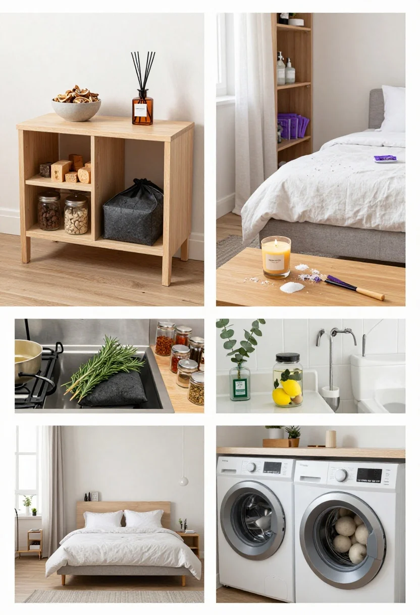 Multi-zone overhead and straight-on composite feel (single scene, multiple cues): A subtle room-by-room scent map captured in a cohesive apartment montage—entryway console with a small bowl of dried citrus peels, cedar blocks in the shoe cabinet, and a charcoal bag tucked discreetly; living room coffee table with an unscented beeswax candle and an amber reed diffuser labeled orange + cedar, sofa sprinkled lightly with baking soda tools nearby; kitchen sink base cabinet ajar showing a charcoal bag, glass jars for spices on open shelves, a fresh rosemary bundle by the stove; bathroom shelf with eucalyptus stems near the showerhead and a jar labeled baking soda + tea tree near the toilet brush; bedroom corner with neatly made bed, lavender sachets peeking from a closet shelf, and a fine mist linen spray on curtains; laundry nook with washer door ajar and wool dryer balls in a sealed jar with lemon/eucalyptus oil. Soft, consistent daylight, calm and organized, photorealistic, straight-on viewpoint with gentle depth of field separating zones.