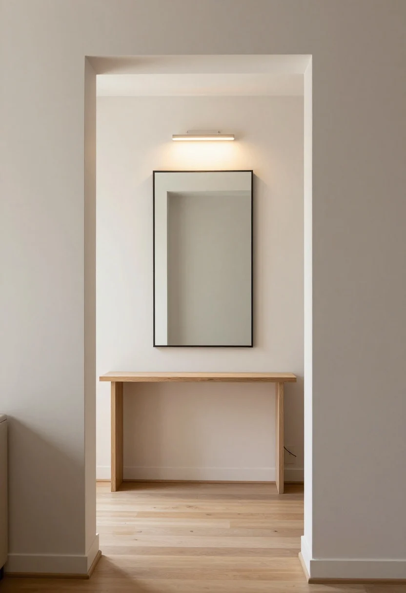 Narrow hall/studio threshold scene, straight-on medium shot: a frameless or 1-inch-thick thin-framed mirror hung directly across from a bright balcony doorway, centered at 57–60 inches, capturing and “borrowing” spillover daylight into a gloomier adjacent zone; hall is about 36 inches wide with no deep console tables; a slim 2700–3000K LED plug-in sconce mounted near the mirror provides warm evening light that doubles in reflection; light wood or matte painted walls, clear walking path, subtle cords hidden; mood is bright yet soft.