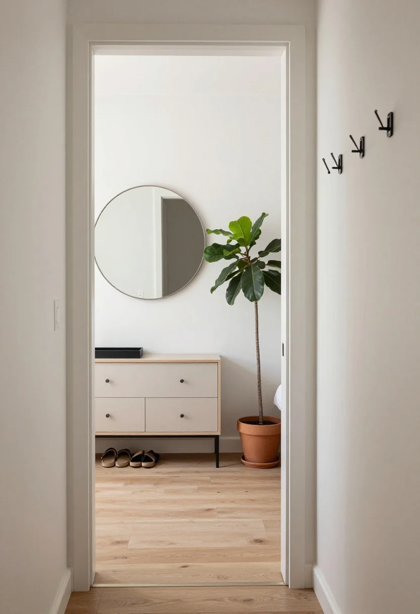 Overhead angle: A micro-entry vignette just inside a studio front door—2x6 runner turned sideways to read as a hallway, a slim console with drawers and a catchall tray, round mirror above reflecting light, high-mounted minimalist coat hooks, and a narrow shoe cabinet below. A tall plant set to block direct sightline to the bed, soft daylight bouncing from the mirror, organized but compact feel.