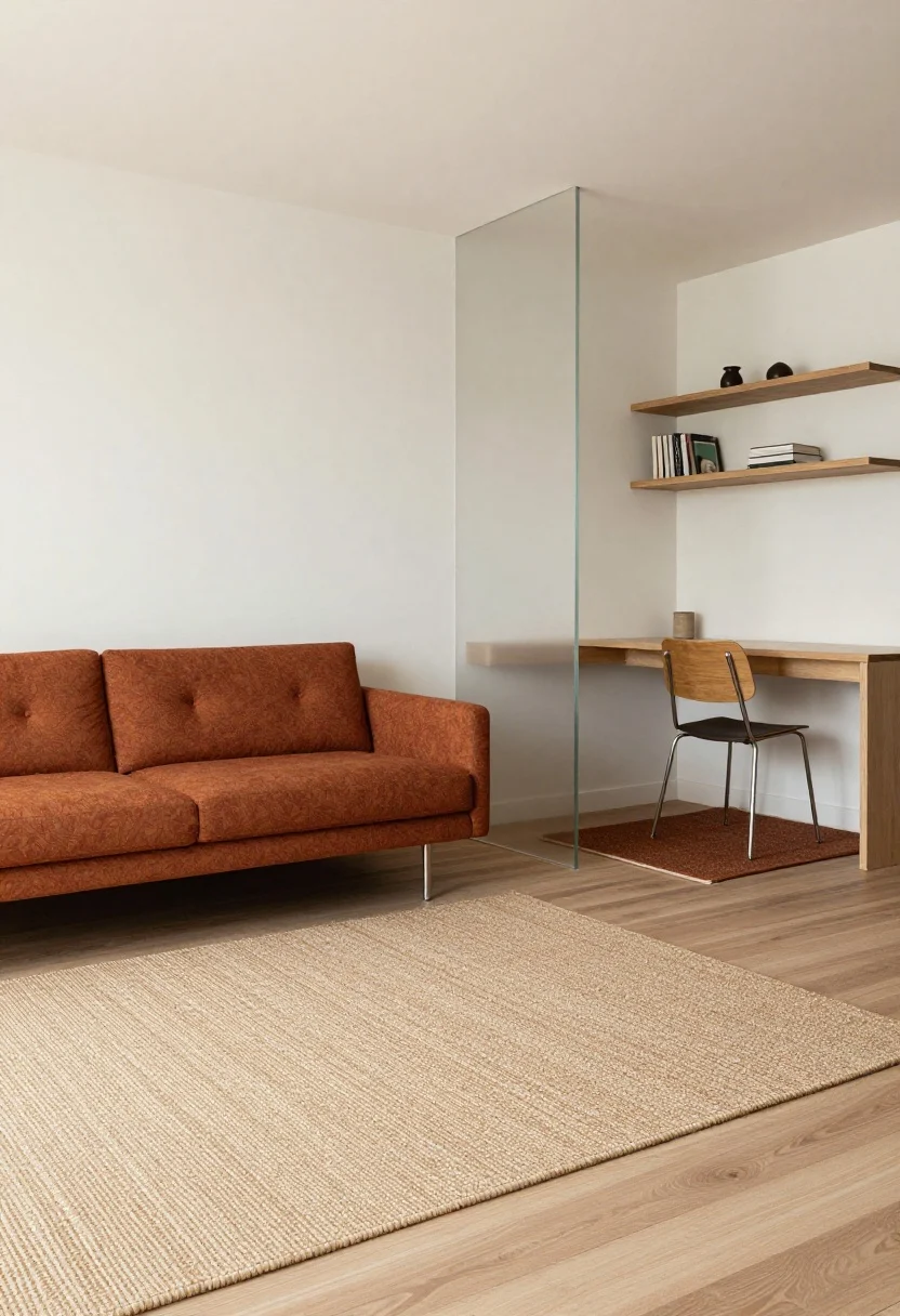 Overhead/angled shot zoning a studio apartment: sofa floated 6–12 inches from the wall and anchored by a flatweave rug to create the “living room”; a low-pile runner defining the “entry”; a mat beneath a compact “desk” zone. See-through divider like open shelving or a slatted screen separating areas without blocking light. Cohesive base palette with micro-accents assigned to zones (sage in the sleep nook, rust at the dining table). Wall-mounted shelves or sconces replacing bulky nightstands in the sleep area. Bright, even daylight, plan-like perspective to reveal clear zones.