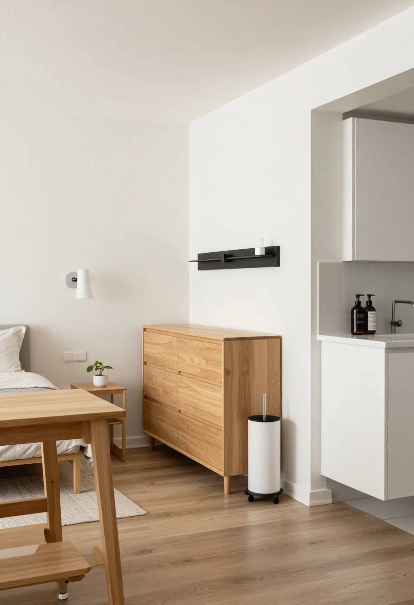 Overhead detail, room-by-room quick wins: top-down view of multiple zones—living room with two light nesting tables and a media console with doors; bedroom corner with wall-mounted bedside lights and a deep-drawer dresser; kitchen sliver showing a magnetic knife strip, over-the-door pantry rack, and a rolling cart tucked under a counter; bathroom edge with an over-toilet cabinet, slim rolling caddy, and matching dispensers reducing label chaos; clean, organized, photorealistic.