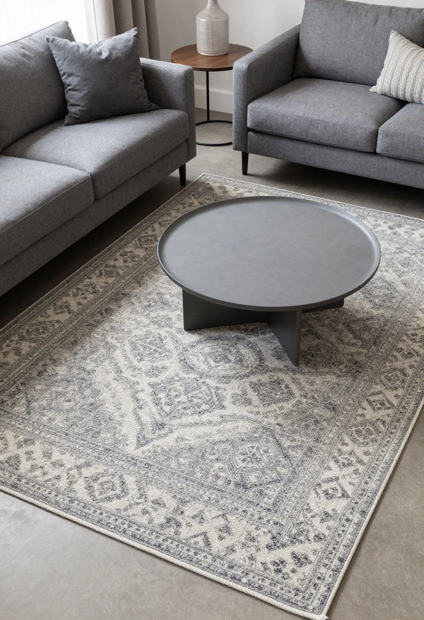 Overhead detail shot: A properly sized 6x9 rug anchoring a compact living zone, with the front legs of a cool gray sofa and a slender accent chair resting on the rug. The rug is a low-contrast flatweave with cool undertones; a trimmed rug pad sits 1 inch inset to prevent curling (subtly visible at edge). A low-profile coffee table centers the arrangement; palette coordination shows cool grays and taupes. Include a budget-friendly layered touch: a smaller patterned 4x6 vintage-style rug centered atop the neutral base. Lighting is even natural light to emphasize texture and scale.