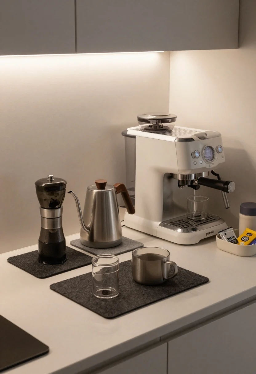 Overhead detail shot of a quiet coffee corner on a kitchen counter: a burr grinder with rubber feet, an insulated kettle, and a compact espresso machine with dual-wall filters—each sitting on felt pads and a rubber mat to deaden sound. Under-cabinet LED strip on a dimmer casting a focused, low-glare pool of light. Nearby, a neatly labeled “post-shift” bin front in the fridge opening with stackable glass containers visible. Include a slim in-fridge water dispenser at the edge of frame and a small tray with electrolyte packets and a reusable bottle. Calm, hushed, early-morning vibe.