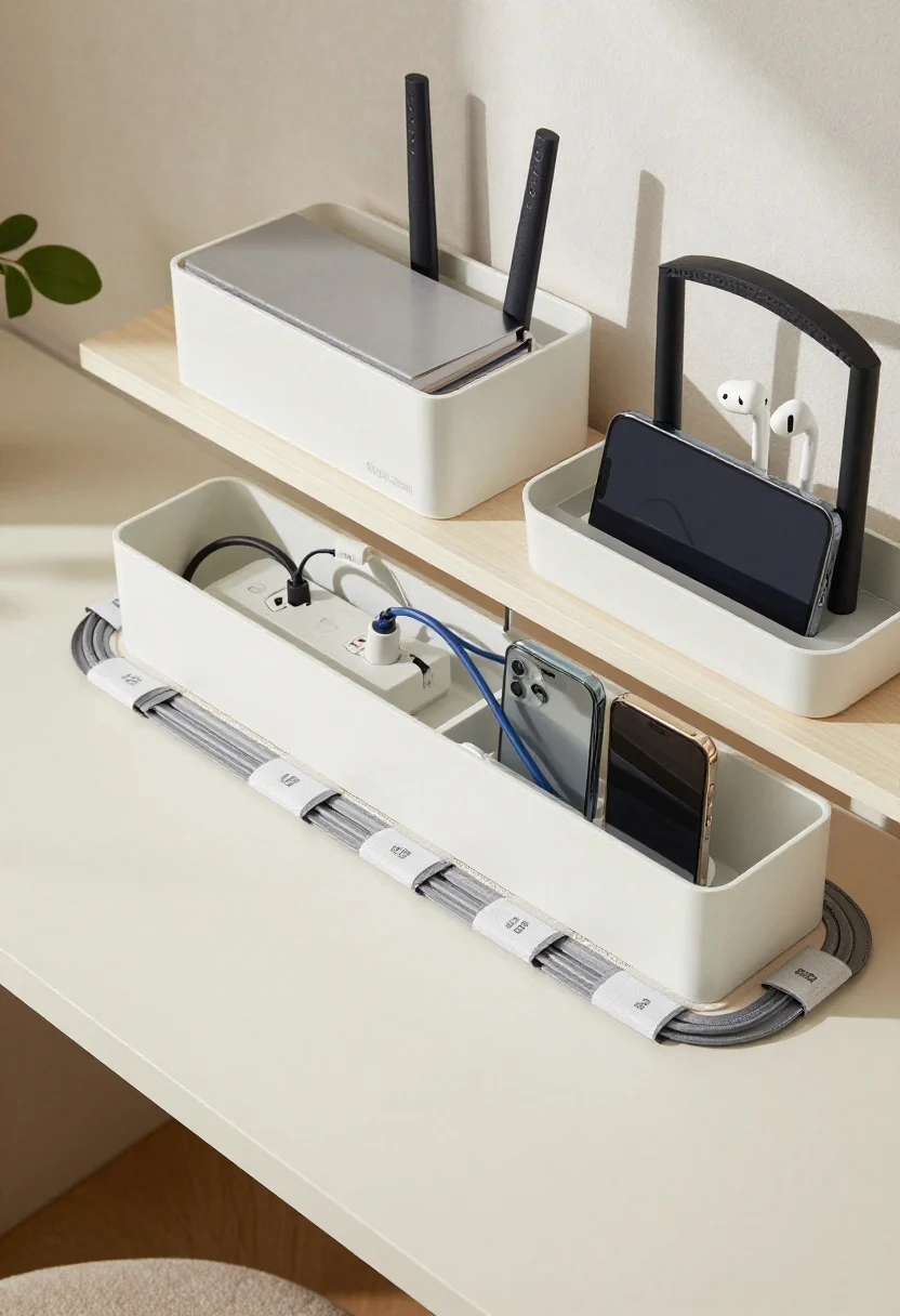 Overhead detail shot: Tidy cable management and storage solutions—adhesive raceways routing cords along the underside of a desk, labeled Velcro wraps bundling each cable, and an under-desk tray neatly corralling a power strip. Nearby, a compact charging dock organizes phone, earbuds, and tablet. Include matching storage boxes on a floating shelf above for routers and notebooks. Textures: matte plastic, brushed metal, fabric wraps; lighting: bright, clean daylight.